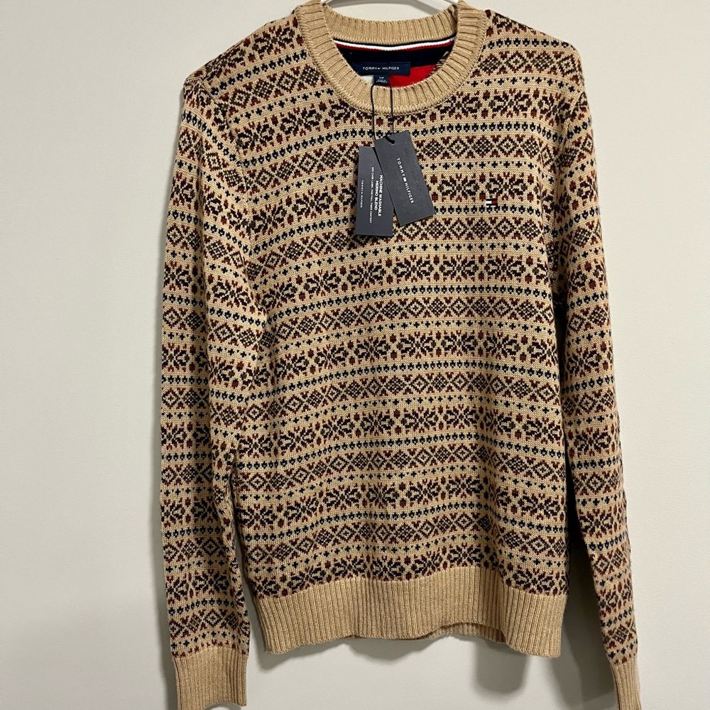 Tommy Hilfiger Beige Sweater Mens Small Winter Knit Crewneck